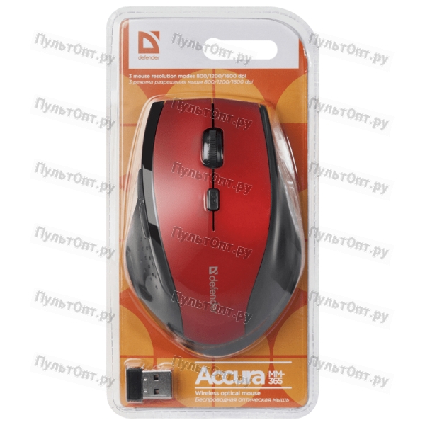 Мышь Defender Accura MM-365, красная, беспроводная, 6 кнопок, 800-1600 dpi, USB