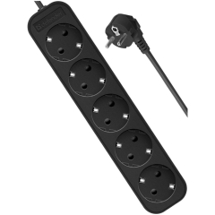 Удлинитель Defender M518, 5 розеток, ПВС 3*1,0 мм2, мощность 2200 Вт, ток 10А, с/з, черный, 1,8 м (1