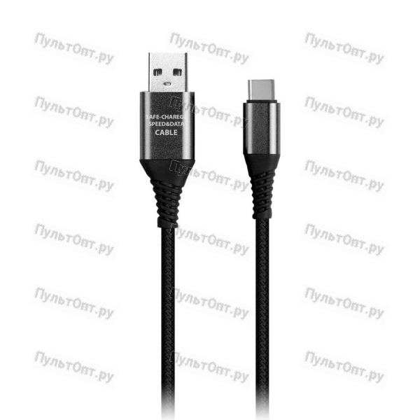 Кабель Smartbuy USB - Type C, черный, в рез.оплет. Gear, мет. након, 1м, 2А