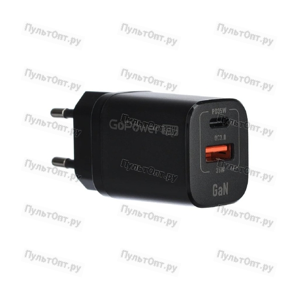 Сетевое З/У GoPower GPQC09 1USB+1Type-C 35W QC3.0 GaN черный