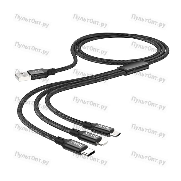 Кабель USB - 8 pin + USB - Type-C + micro USB Hoco X14 Times speed, 1 м, круглый, 2.4A, нейлон (чёрн