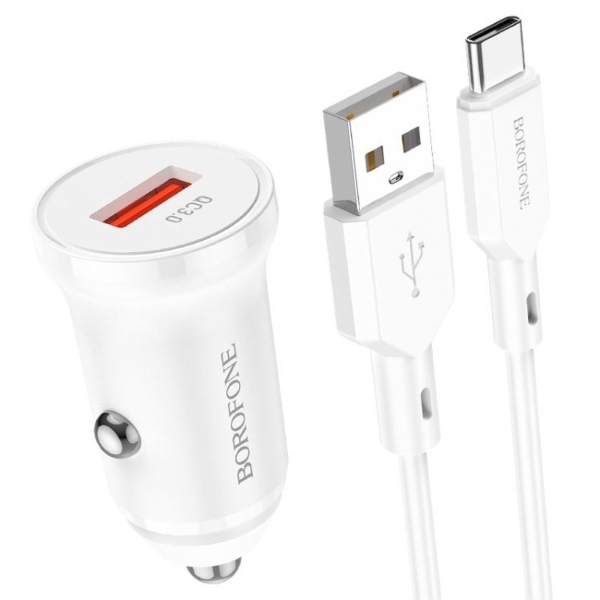 Блок питания автомобильный 1 USB Borofone BZ18, QC, AFC, FCP, кабель Type-C, цвет: белый (1/210)