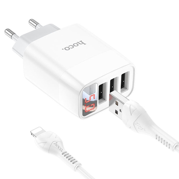 Блок питания сетевой 3 USB Hoco C93A, Easy, 3400mA, кабель 8 pin, цвет: белый (1/12/120)