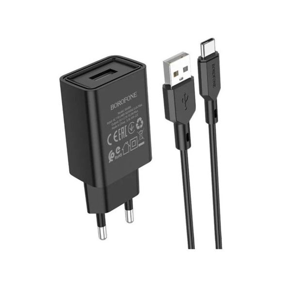 Сетевое З/У Borofone BA68A 1USB Type-C (m) 2.1A черный (1/60/240)