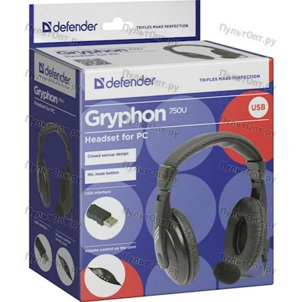 Наушники полноразмерные Defender 750U Gryphon с микрофоном черный (1/20)