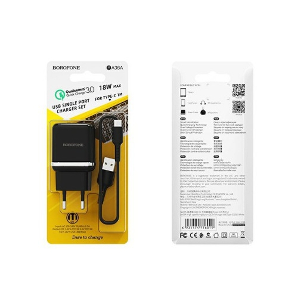 Блок питания сетевой 1 USB Borofone, BA36A, Hight Speed, пластик, QC3.0, кабель Type-C, цвет: чёрный