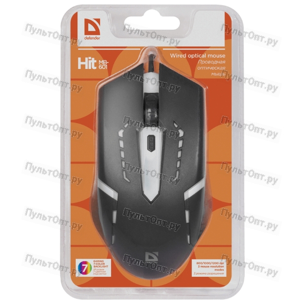Мышь Defender Hit MB-601, USB, 7 цветов, 4 кнопки, 800-1200dpi, черный, игровая