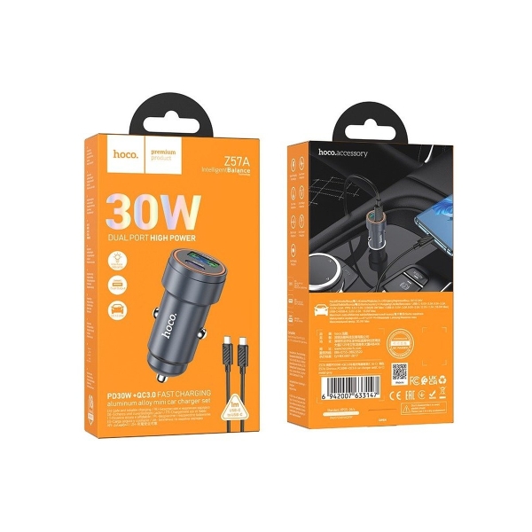 Блок питания автомобильный 1 USB, 1 Type-C Hoco Z57A Glorious, 3.0A, металл, QC3.0, PD30Вт
