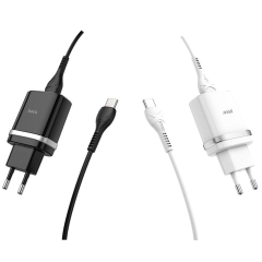 Сетевое З/У Hoco C12Q 1USB 2.4A QC3.0 с кабелем Type-C черный (1/10/100)
