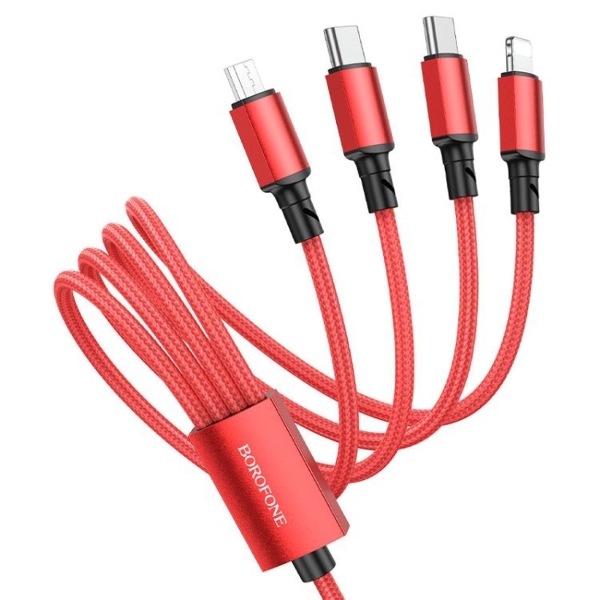 Кабель USB - 8 pin, 2x Type-C, микро USB Borofone BX72, 1.0м, круглый, 2.0A, нейлон, 4 в 1, цвет: кр