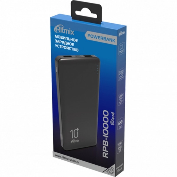 Внешний аккумулятор Ritmix RPB-10000 Black, Li-pol, 10000mAh, 2.1A, 2x USB, 1xType-C (1/40)