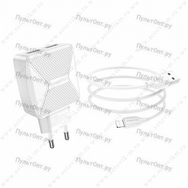 Блок питания сетевой 2 USB Borofone, BA45A, Max, 2400mA, пластик, кабель 8 pin, белый (1/44/17