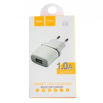 Блок питания сетевой 1 USB Hoco, C11, 1000mA, пластик, цвет: белый (1/10/100)