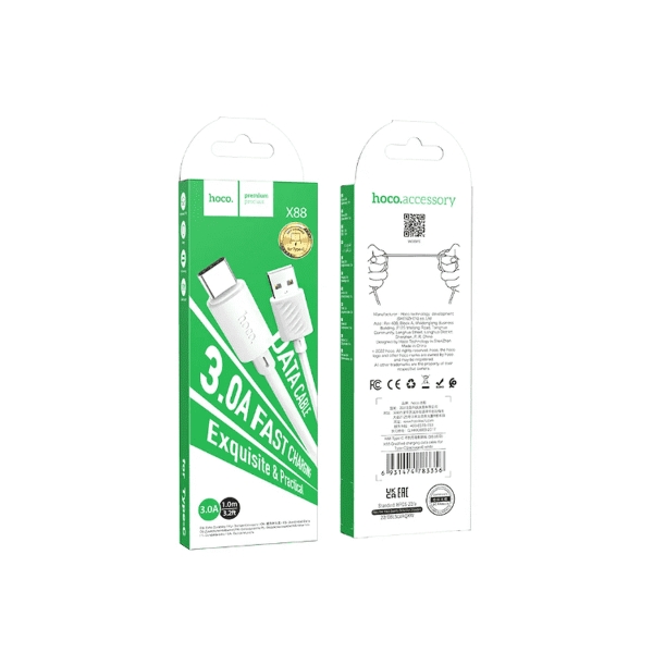 Кабель Hoco X88 USB (m)-Type-C (m) 1.0м 3.0A ПВХ белый (1/420)