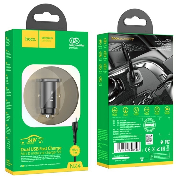 Блок питания автомобильный 2 USB Hoco, NZ4, Wise, 4800mA, пластик, алюминий, огнестойкий, кабель мик