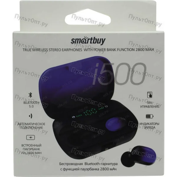 Внутриканальная TWS Bluetooth-гарнитура Smartbuy i500,Touch, пауэрбанк 2800мАч, черн-синяя(SBH-3022)