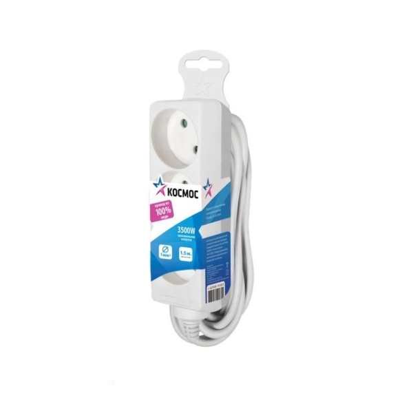 Удлинитель 1.5м 3гн бз Космос 16A ПВС 2x1 белый