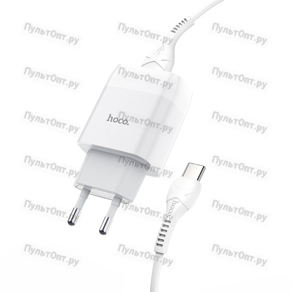 Блок питания сетевой 1 USB Hoco, C72A, Glorious, 2100mA, пластик, кабель Type-C, белый (1/30/1