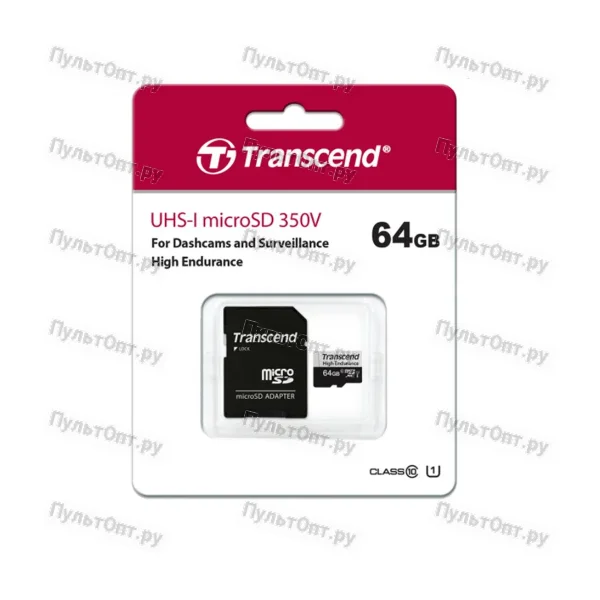 MicroSD 64GB Transcend 350V UHS-I U1 + SD адаптер (высокой надёжности)