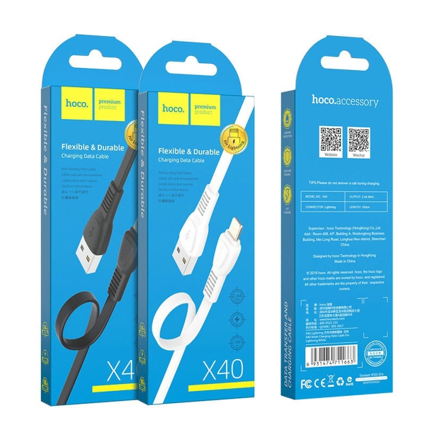 Кабель USB - 8 pin Hoco X40 Noah, 1 м, плоский, 2.4A, силикон (черный)