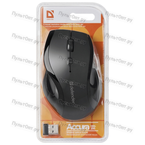 Мышь Defender Accura MM-295, черная, беспроводная, 6 кнопок, 800-1600 dpi, USB