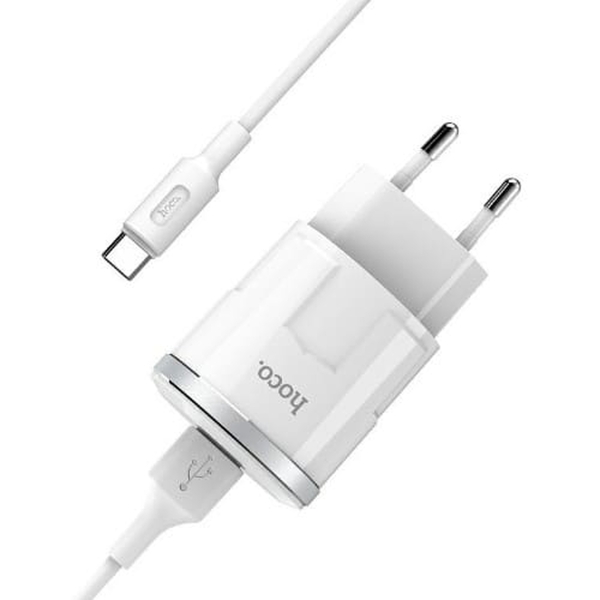 Блок питания сетевой 1 USB Hoco, C37A, Thunder, 2400mAh, пластик, кабель Type-C, цвет: белый (1/21/1