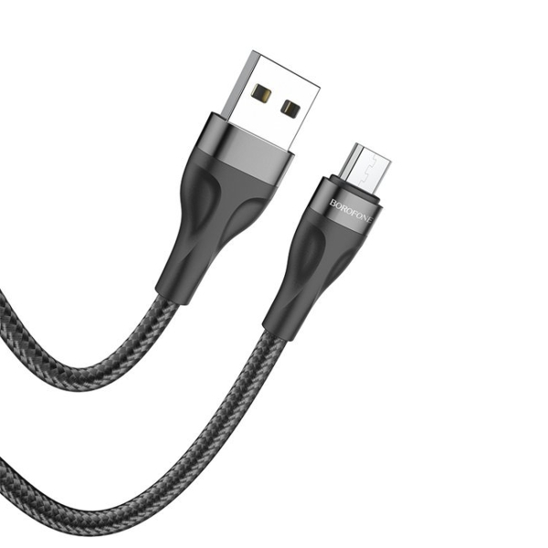 Кабель USB - микро USB Borofone BX61 Source, 1.0м, круглый, 2.4A, ткань, алюминий, цвет: чёрный (1/3