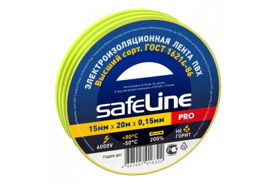 Изолента Safeline ПВХ 15мм*20м желтый зеленый (10/200)