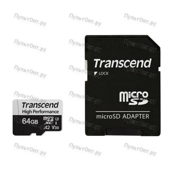 MicroSD 64GB Transcend 330S UHS-I U3 V30 A2 + SD адаптер