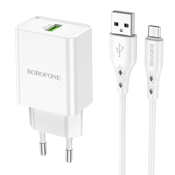 Блок питания сетевой Borofone, BN5, Jingrui, пластик, QC3.0, 18W, кабель микро USB, цвет: белый (1/3