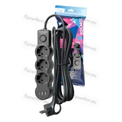 Удлинитель Космос 3р.С/З 10A 5.0м с выкл. ПВС 3x1мм? IP20 USB черный (1/30)