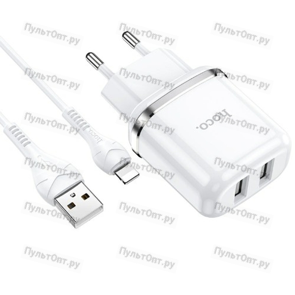 Блок питания сетевой 2 USB Hoco, N4, Aspiring, 2.4A, пластик, кабель 8 pin, цвет: белый(1/12/120)