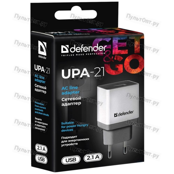 Адаптер сетевой Defender UPA-21, белый, 1xUSB, 5V/2.1А (1/100)