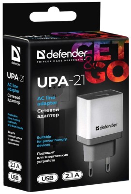 Адаптер сетевой Defender UPA-21, белый, 1xUSB, 5V/2.1А (1/100)