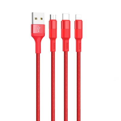 Кабель USB - 8 pin, Type-C, микро USB Hoco X26 Xpress, 1.0м, круглый, 2.1A, ткань, цвет: красный (1/