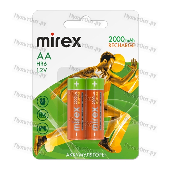 Аккумулятор Ni-MH Mirex HR6 / AA 2000mAh 1,2V 2 шт (2/20/100), ecopack