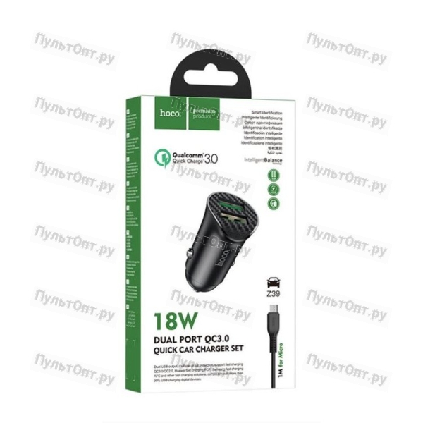 Блок питания автомобильный 2 USB Hoco, Z39, Farsighted, abc-пластик, поликарбонат, кабель микро USB,