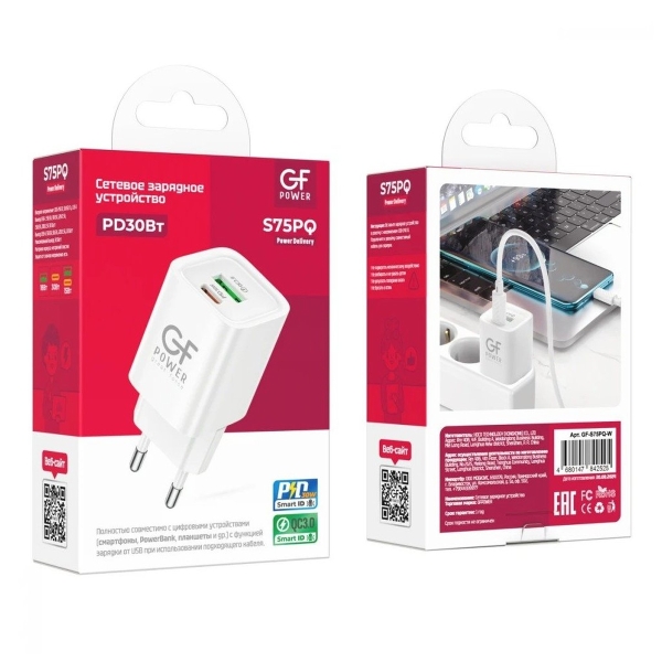 Сетевое З/У GFPower S75PQ 1USB+1Type-C 30W QC3.0 белый (1/30/180)