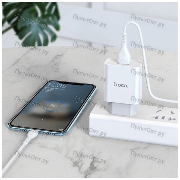 Блок питания сетевой 1 USB Hoco, C81A, Asombroso, 2100mA, пластик, огнестойкий, кабель Type-C, X37 c