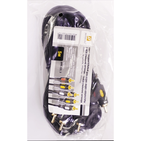 Шнур 3*RCA (тюльпан) штекера - 3*RCA (тюльпан) штекера 5м (пластик-золото) D3x4мм