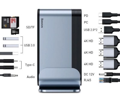 USB-концентратор Baseus, CAHUB-DG0G, Type-C, HDMI, TF, SD, USB 3.0, mini Jack 3.5 mm, RJ45 , VGA, US