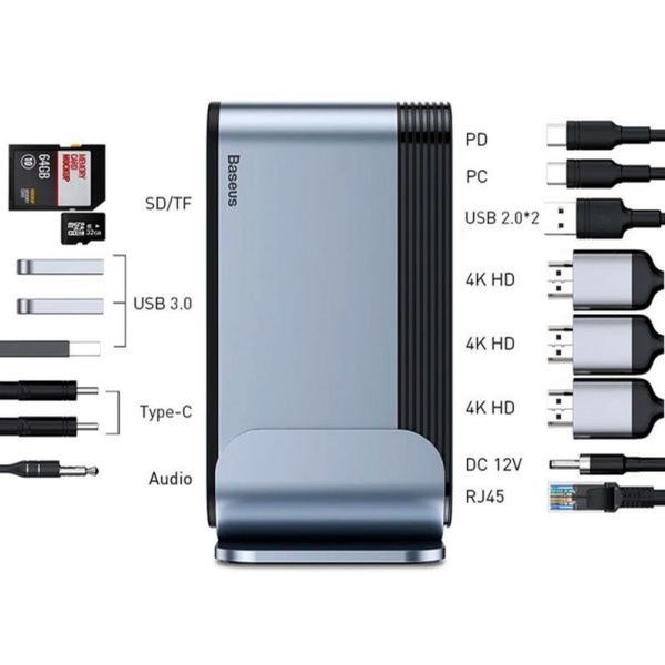 USB-концентратор Baseus, CAHUB-DG0G, Type-C, HDMI, TF, SD, USB 3.0, mini Jack 3.5 mm, RJ45 , VGA, US