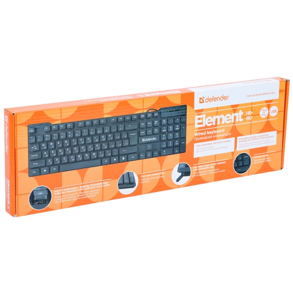 Клавиатура проводная Defender Element HB-190 USB RU,черный,полноразмерная