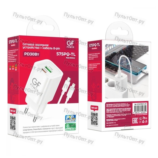 Сетевое З/У GFPower S75PQ-TL 1USB+1Type-C 30W QC3.0 с кабелем Type-C-Lightning белый (1/30/180)
