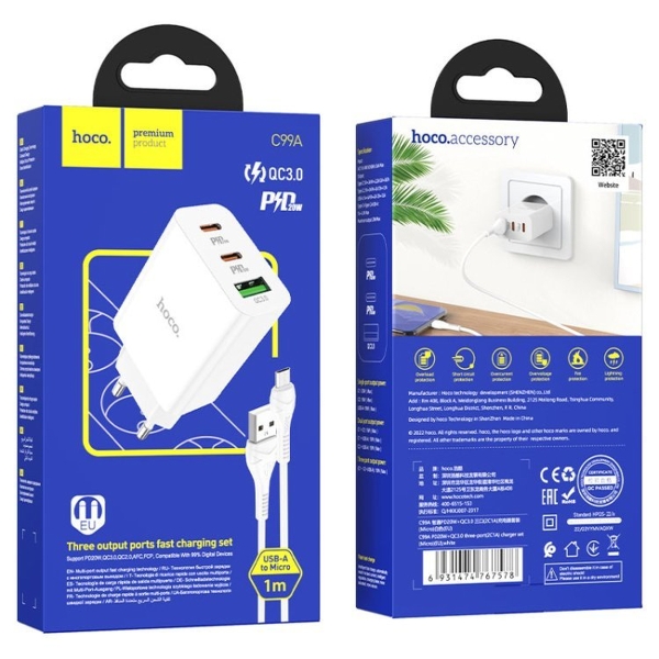 Блок питания сетевой 1 USB, 2 Type-C Hoco C99A, 3000mA, кабель USB - микро USB, 1.0м, цвет: белый (1