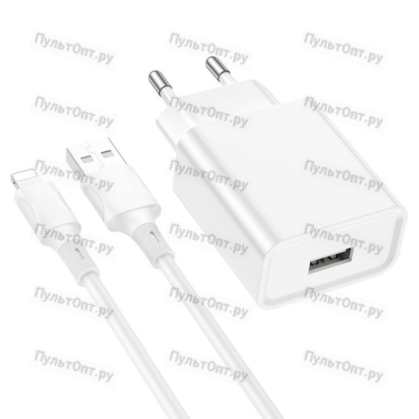 Блок питания сетевой 1 USB Borofone BA74A Aspirer, пластик, 2.1A, кабель 8 pin, цвет: белый (1/60/24