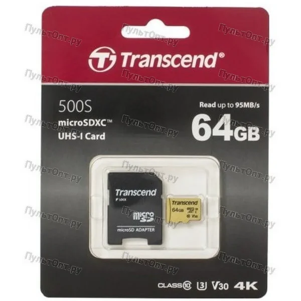 MicroSD 64GB Transcend 500S UHS-I U1 + SD адаптер, MLC