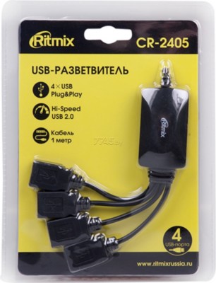 USB-HUB Ritmix CR-2405, черный, USB 2.0, 4 порта (1/80)