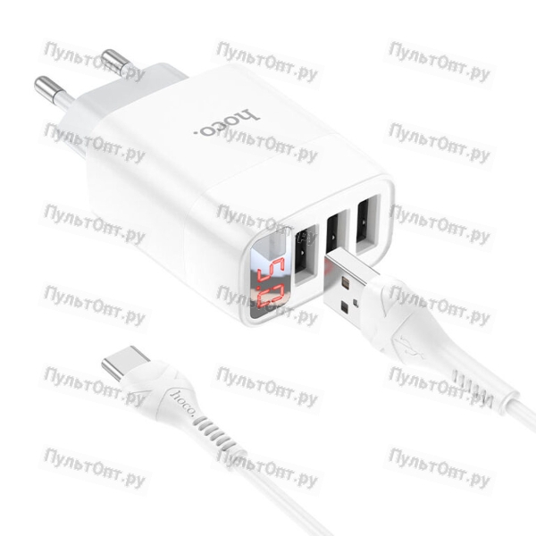 Блок питания сетевой 3 USB Hoco C93A, Easy, 3400mA, кабель Type-C, цвет: белый (1/12/120)