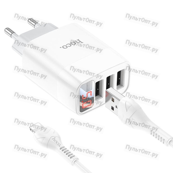 Блок питания сетевой 3 USB Hoco C93A, Easy, 3400mA, кабель Type-C, цвет: белый (1/12/120)